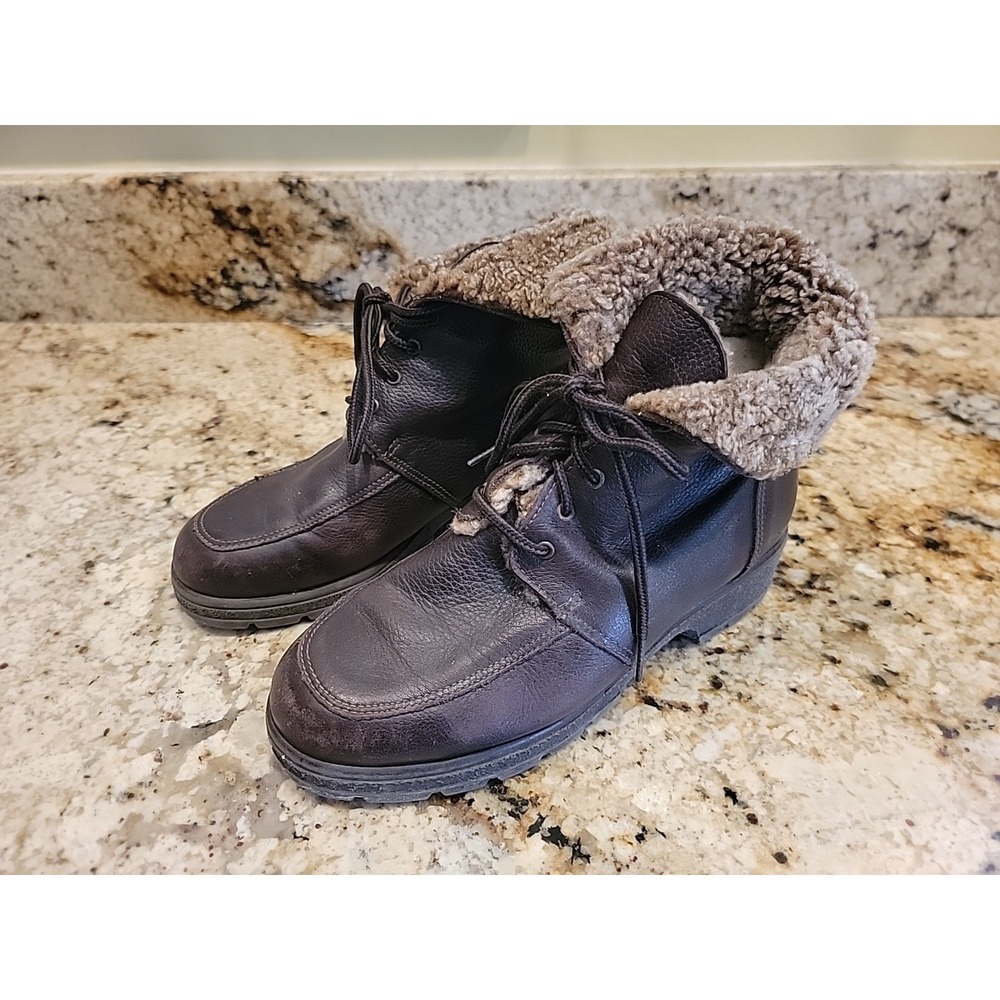 NEXDAY Canada Womens 7m Brown Leather Boots Faux Fur Lined Roll Down Lace